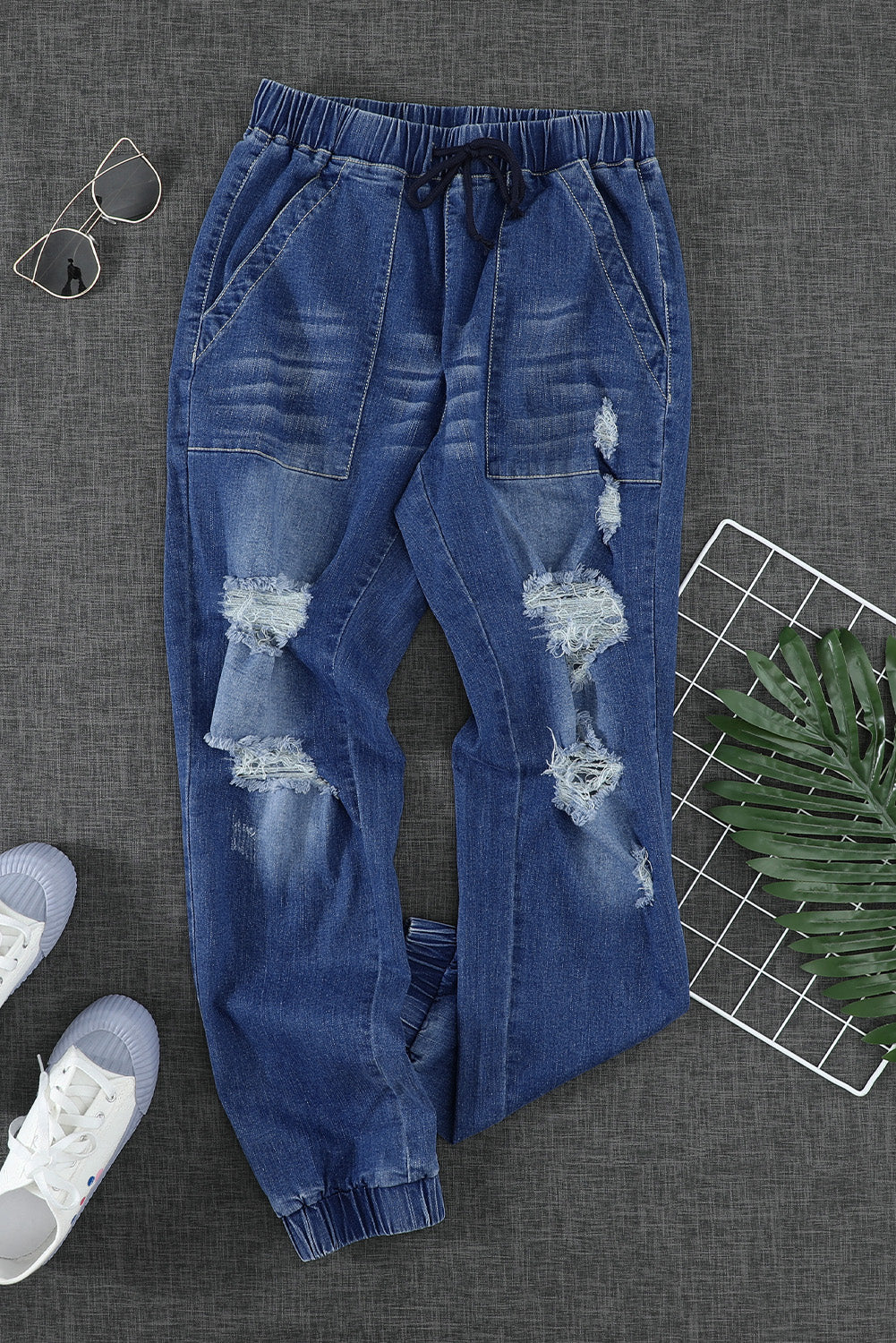 Blue Pocketed Distressed Denim Joggers - LA Grand