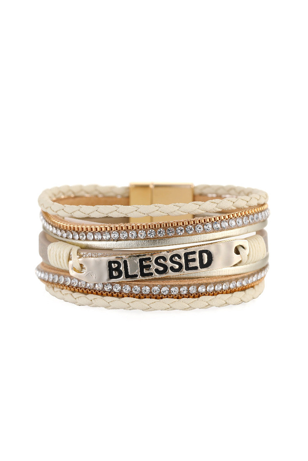 Beige BLESSED Rhinestone Braided Detail Buckle Bracelet - LA Grand