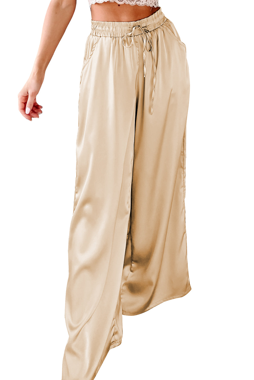 Apricot Pockets Drawstring High Waist Wide Leg Pants - LA Grand