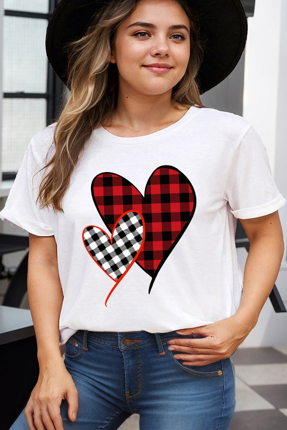 White Plaid Heart Shaped Crewneck Plus Size T Shirt - LA Grand