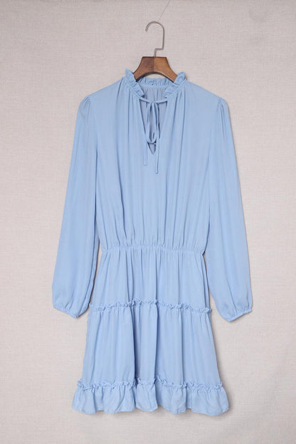 Light Blue V Neck Long Sleeve Ruffle Tiered Mini Dress - LA Grand