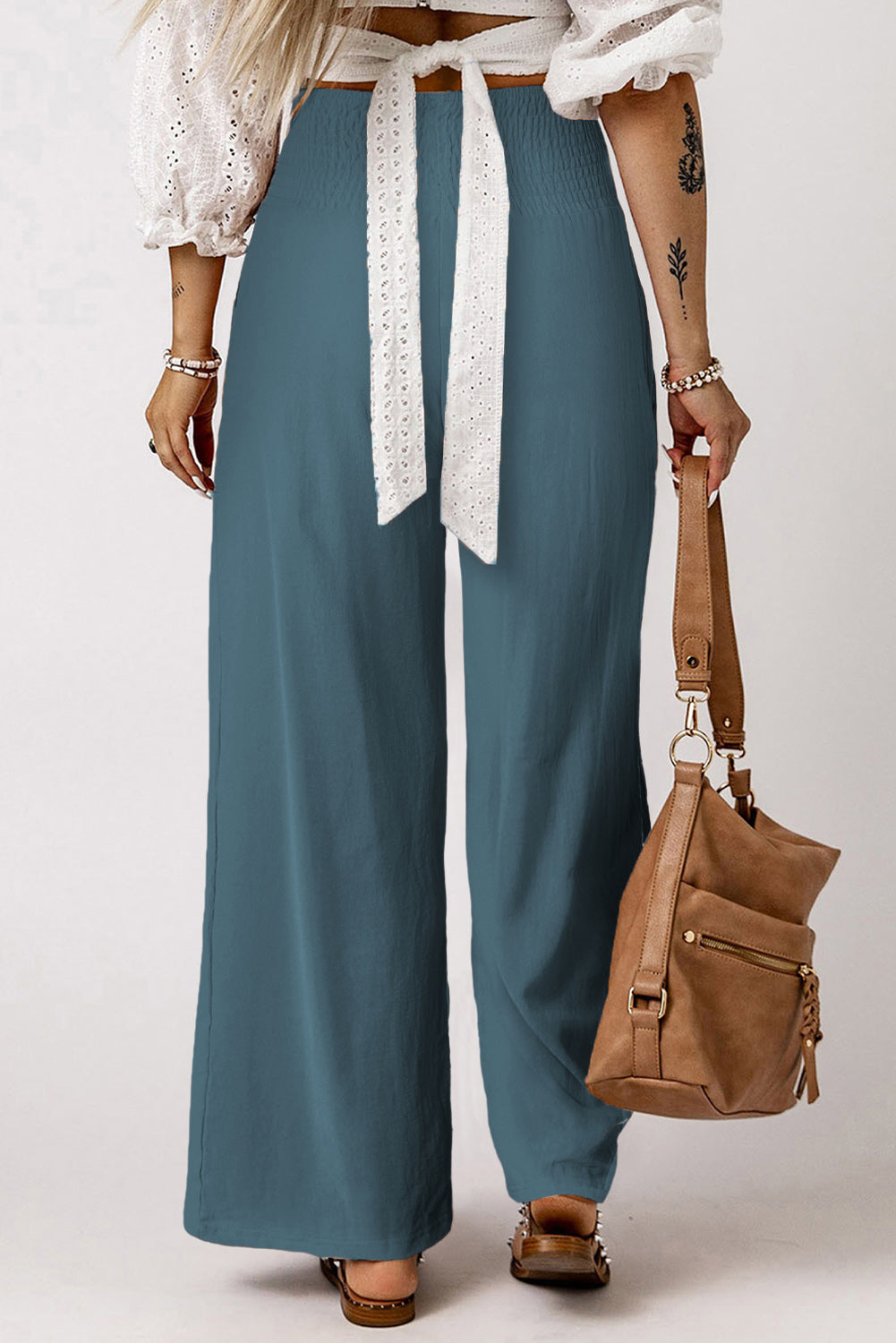 Sky Blue Smocked Wide Waistband High Waist Wide Leg Pants - LA Grand