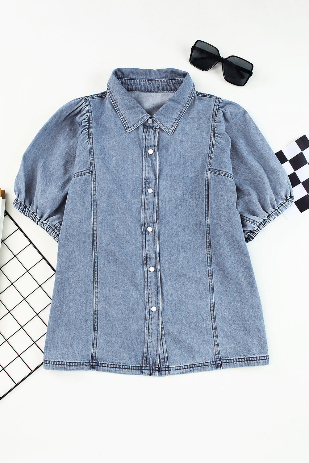 Sky Blue Short Bubble Sleeve Snap Button Denim Shirt - LA Grand