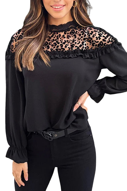 Black Leopard Mesh Splicing Ruffle Long Sleeve Blouse - LA Grand