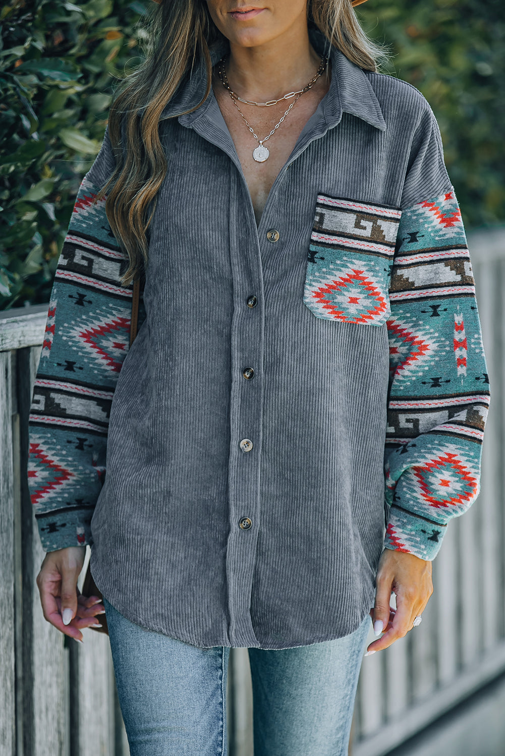 Aztec Pattern Sleeve Pocketed Corduroy Shacket - LA Grand