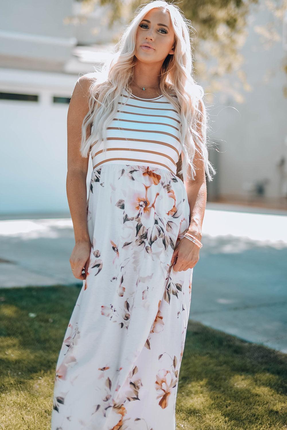 White Striped Floral Print Sleeveless Maxi Dress with Pocket - LA Grand