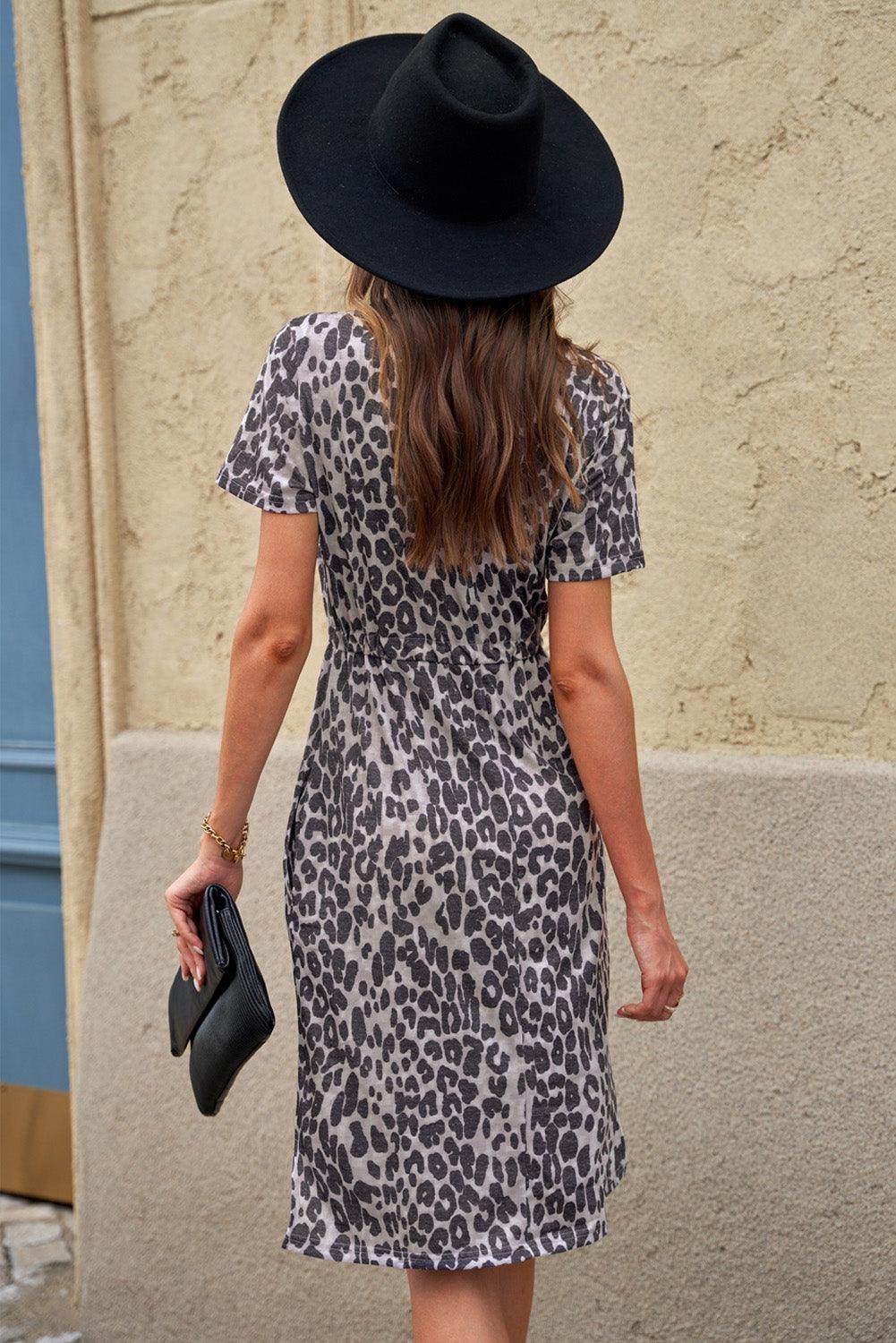 Leopard Short Sleeve Pocketed Drawstring Casual Dress - LA Grand