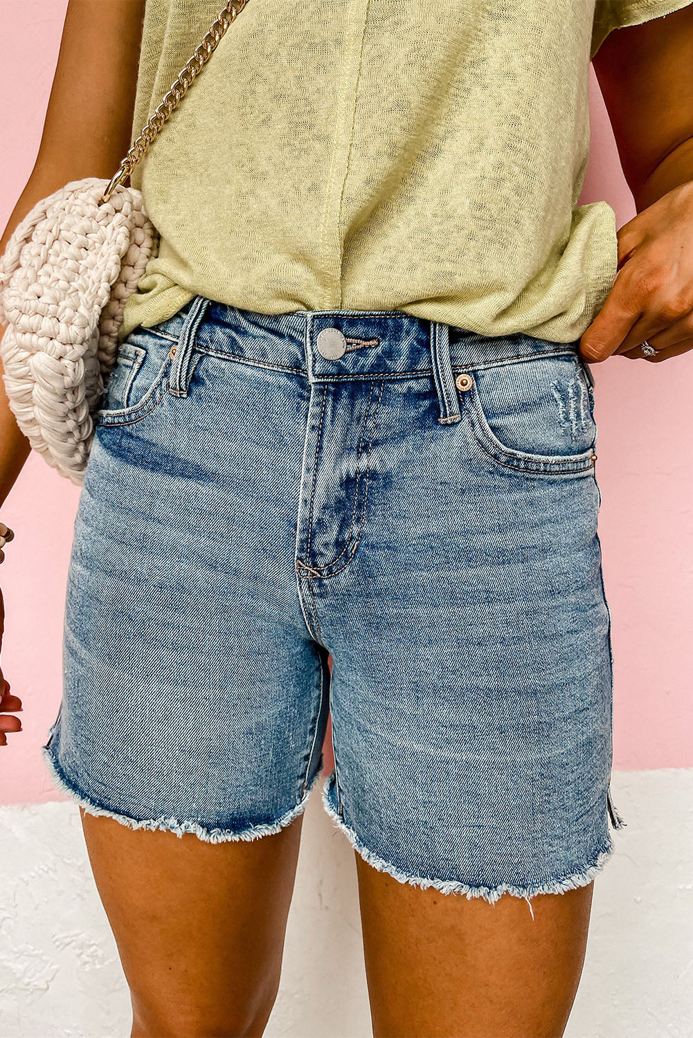 Sky Blue Raw Hem High Waist Denim Shorts - LA Grand