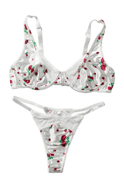 White Romantic Rose Print Mesh Cutout Satin Lingerie Set - LA Grand