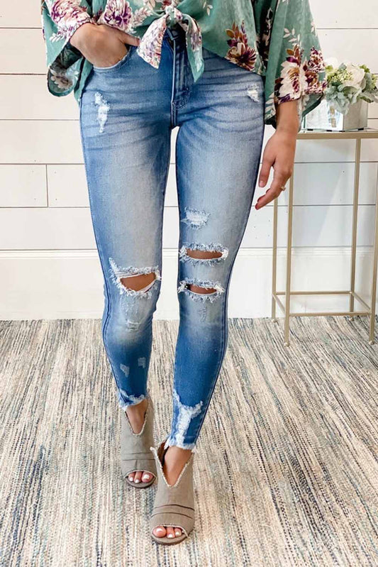 Faded Mid High Rise Jeans with Holes - LA Grand