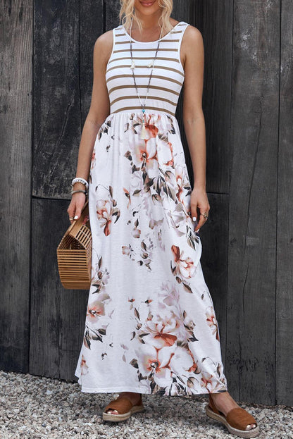 White Striped Floral Print Sleeveless Maxi Dress with Pocket - LA Grand