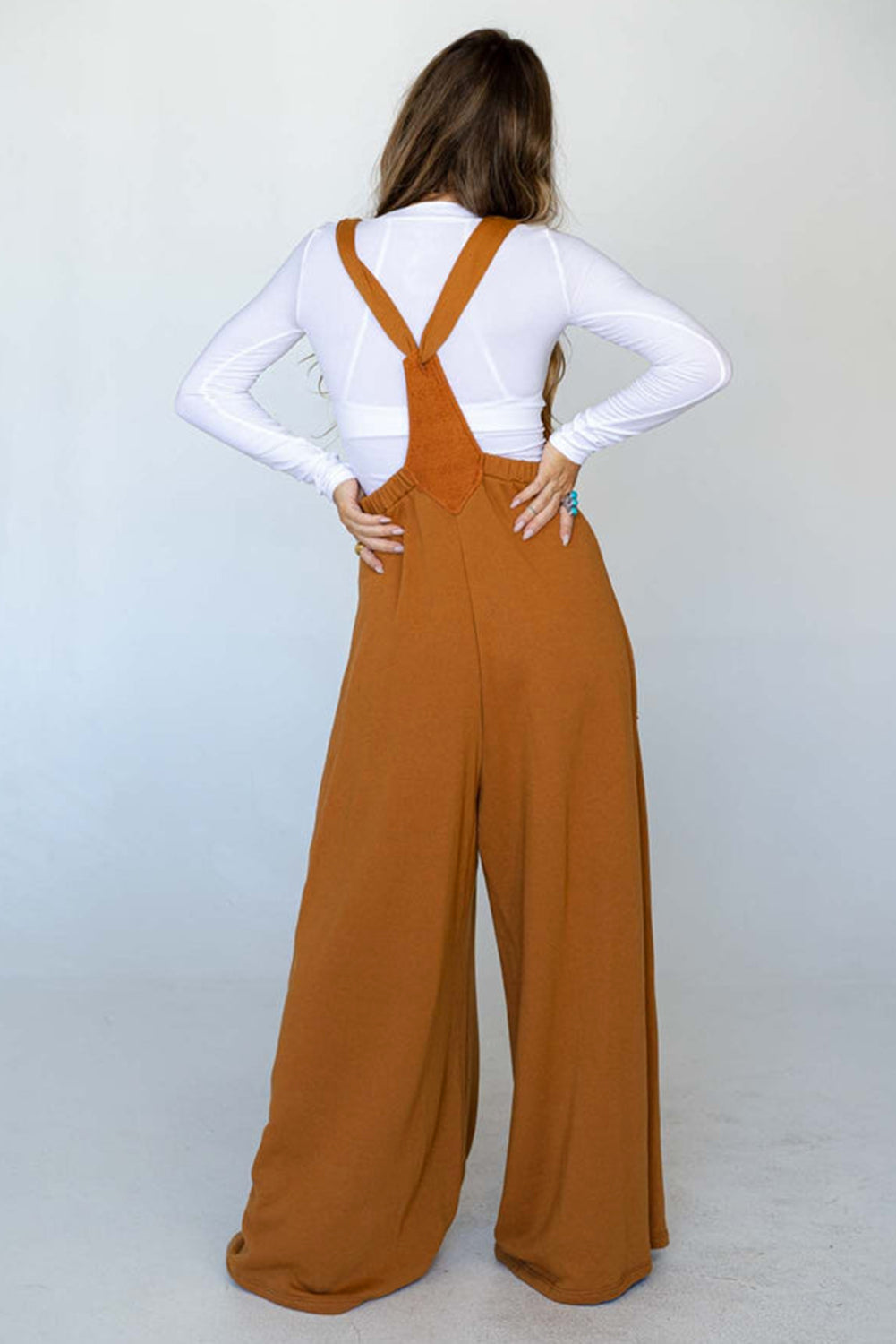 Brown Knotted Straps Patch Pocket Wide Leg Jumpsuit - LA Grand