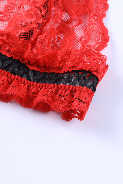 Fiery Red Sheer Lace Contrast Black Trim Lingerie Set - LA Grand