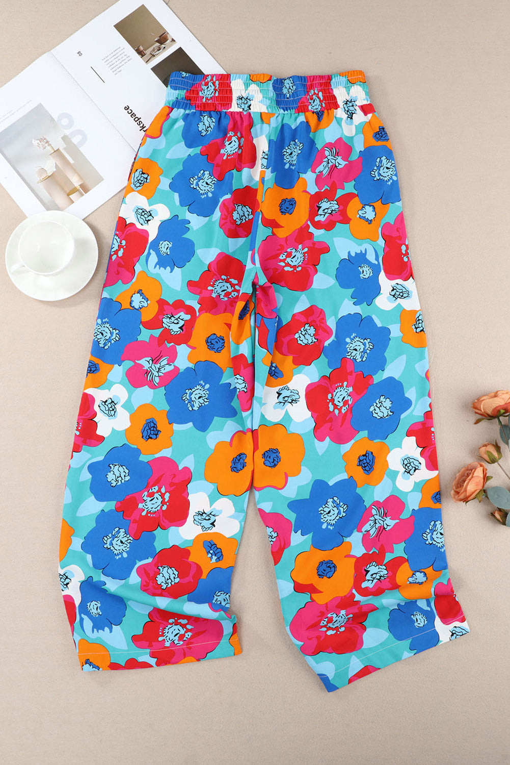 Multicolor Abstract Floral Print Drawstring Wide Waistband Pants - LA Grand