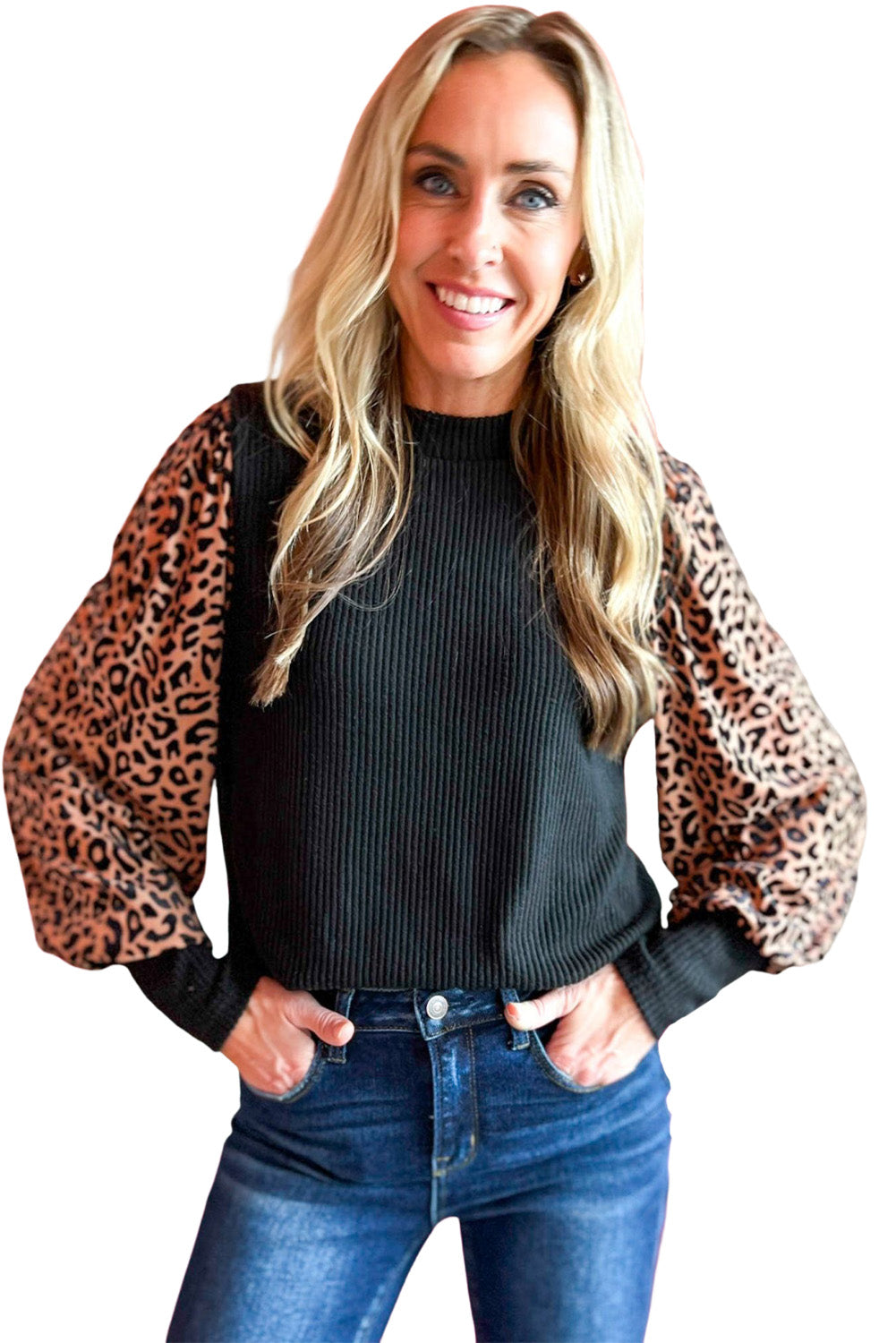 Apricot Leopard Print Long Sleeve Ribbed Knit Blouse - LA Grand