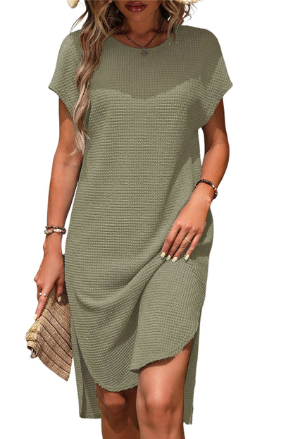 Jungle Green Waffle Texture Curved Hem Side Slit T-shirt Dress - LA Grand