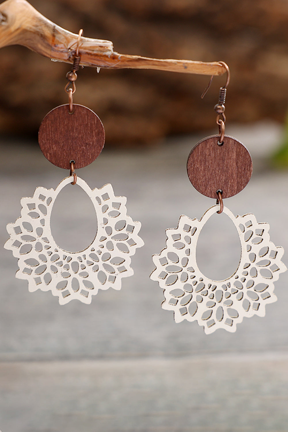 White Hollowed Flower Round Wood Pendant Earrings - LA Grand