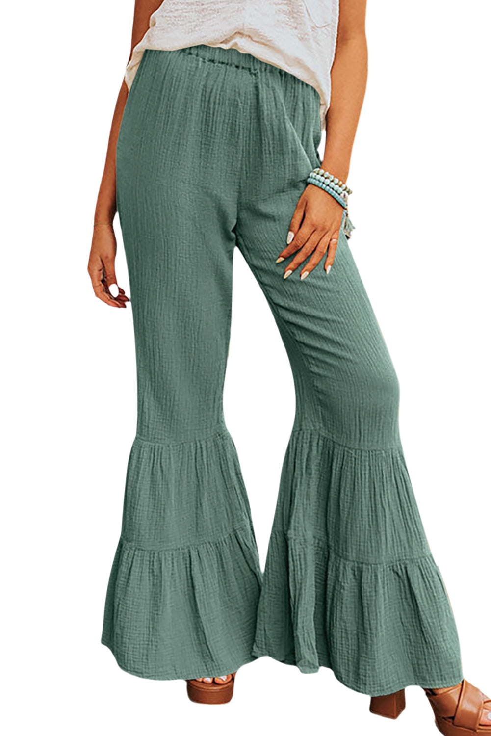 Green Textured High Waist Ruffled Bell Bottom Pants - LA Grand