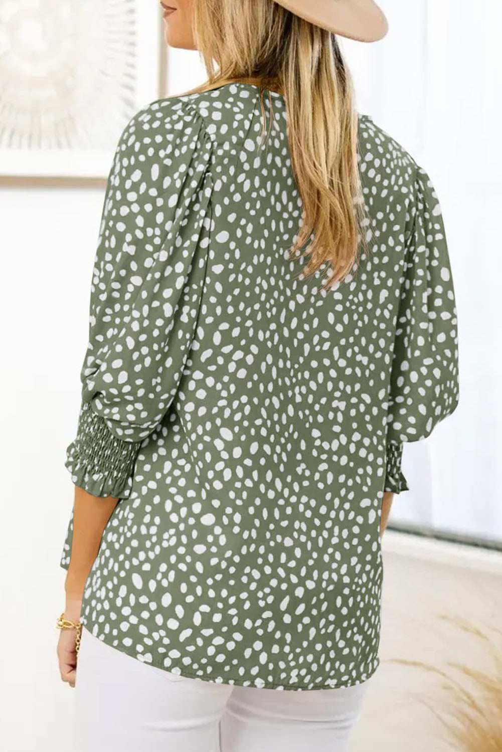 Green Leopard Print Shirred Cuff 3/4 Sleeve Blouse - LA Grand