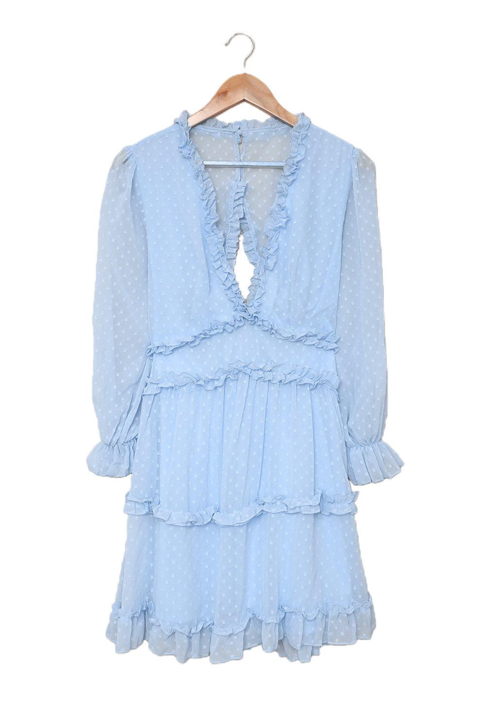 Sky Blue Layered Ruffled Open Back Puff Sleeve Swiss Dot Mini Dress - LA Grand