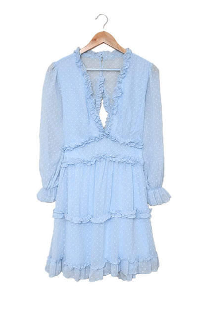 Sky Blue Layered Ruffled Open Back Puff Sleeve Swiss Dot Mini Dress - LA Grand