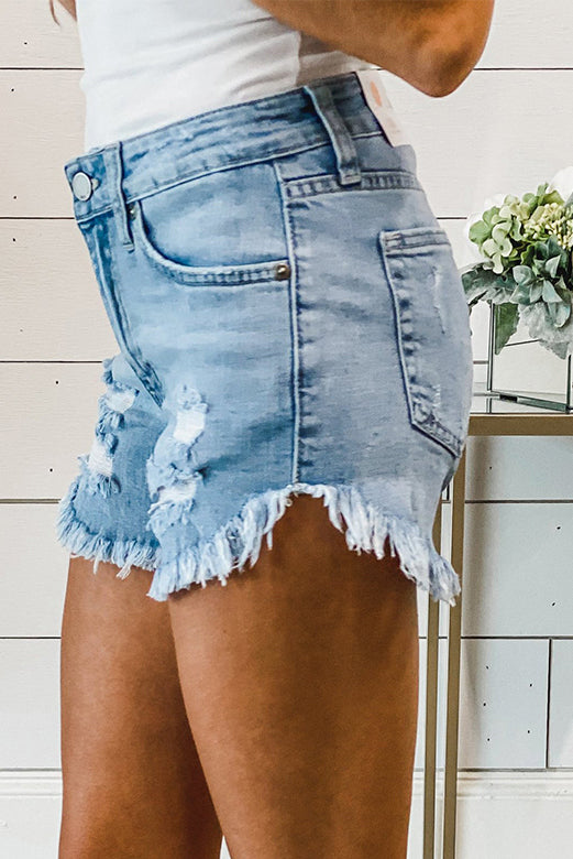 Light Blue Frayed Hem Denim Shorts - LA Grand