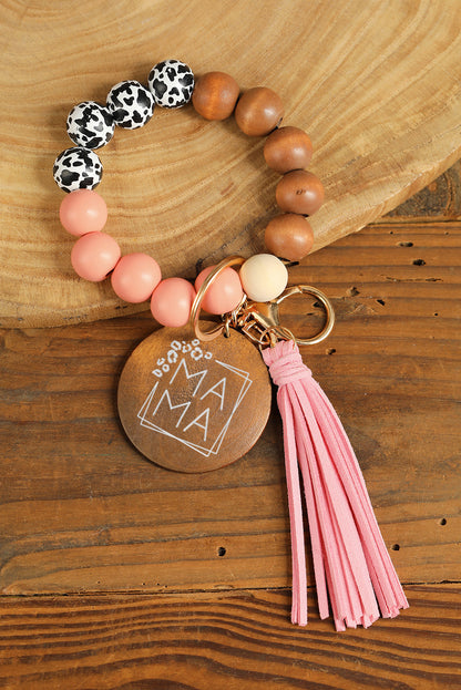 Pink MAMA Wood Pendant Leopard Fringe Keychain - LA Grand