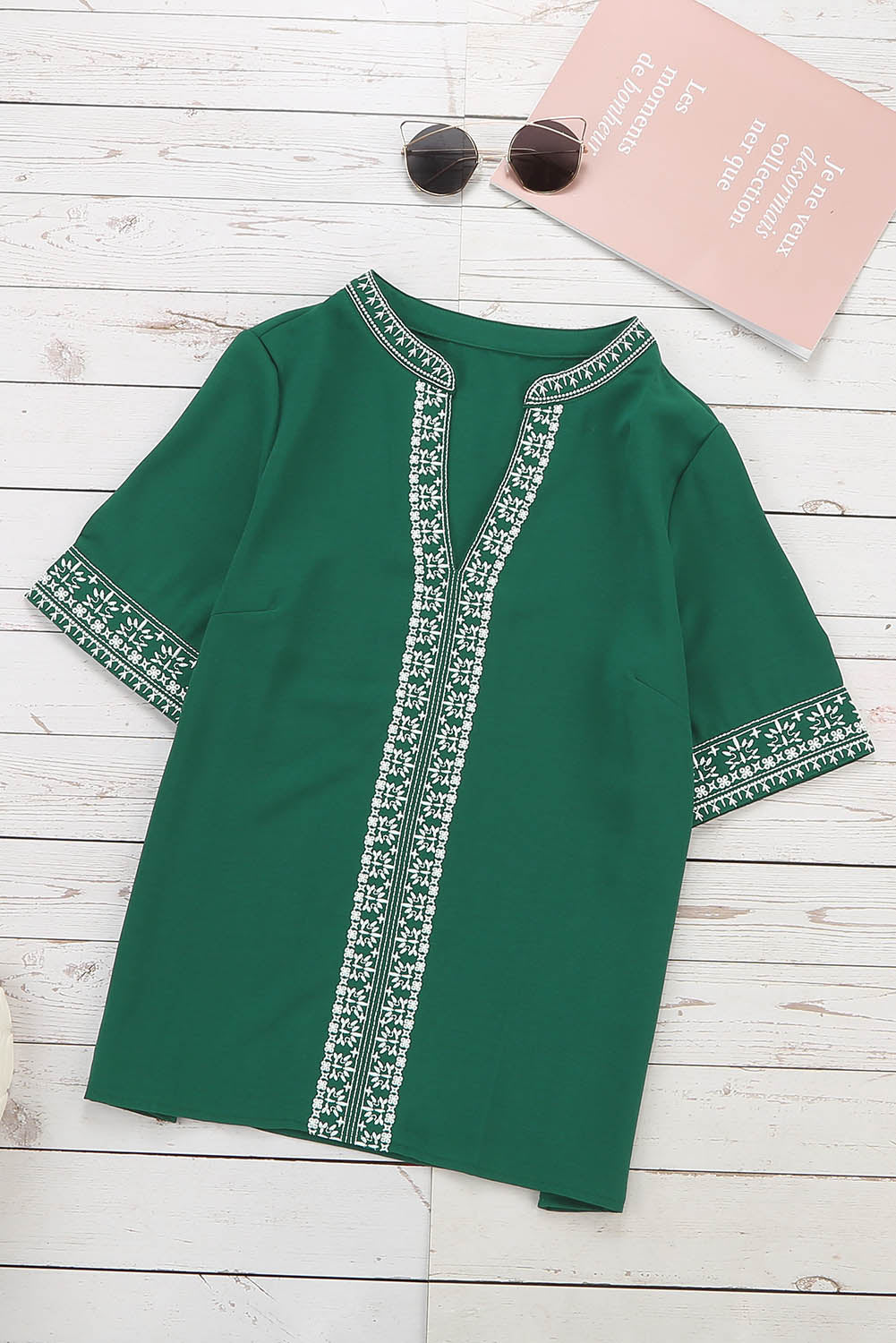 Green Chic Boho V Neckline Half Sleeve Blouse - LA Grand