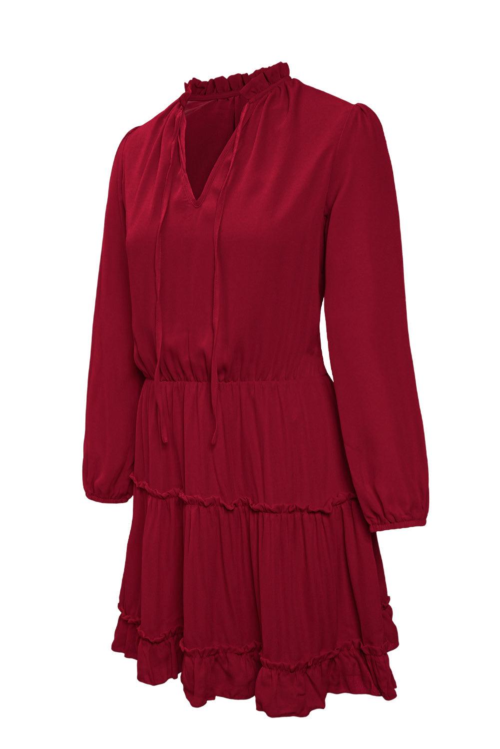 V Neck Long Sleeve Ruffle Tiered Mini Dress - LA Grand