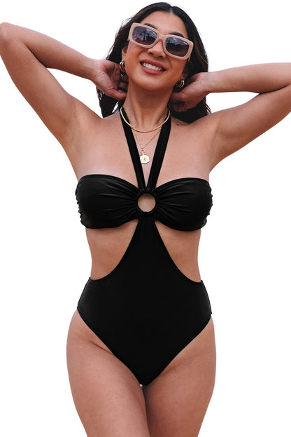 Black Halter O-ring Ruched Bust One Piece Swimsuit - LA Grand