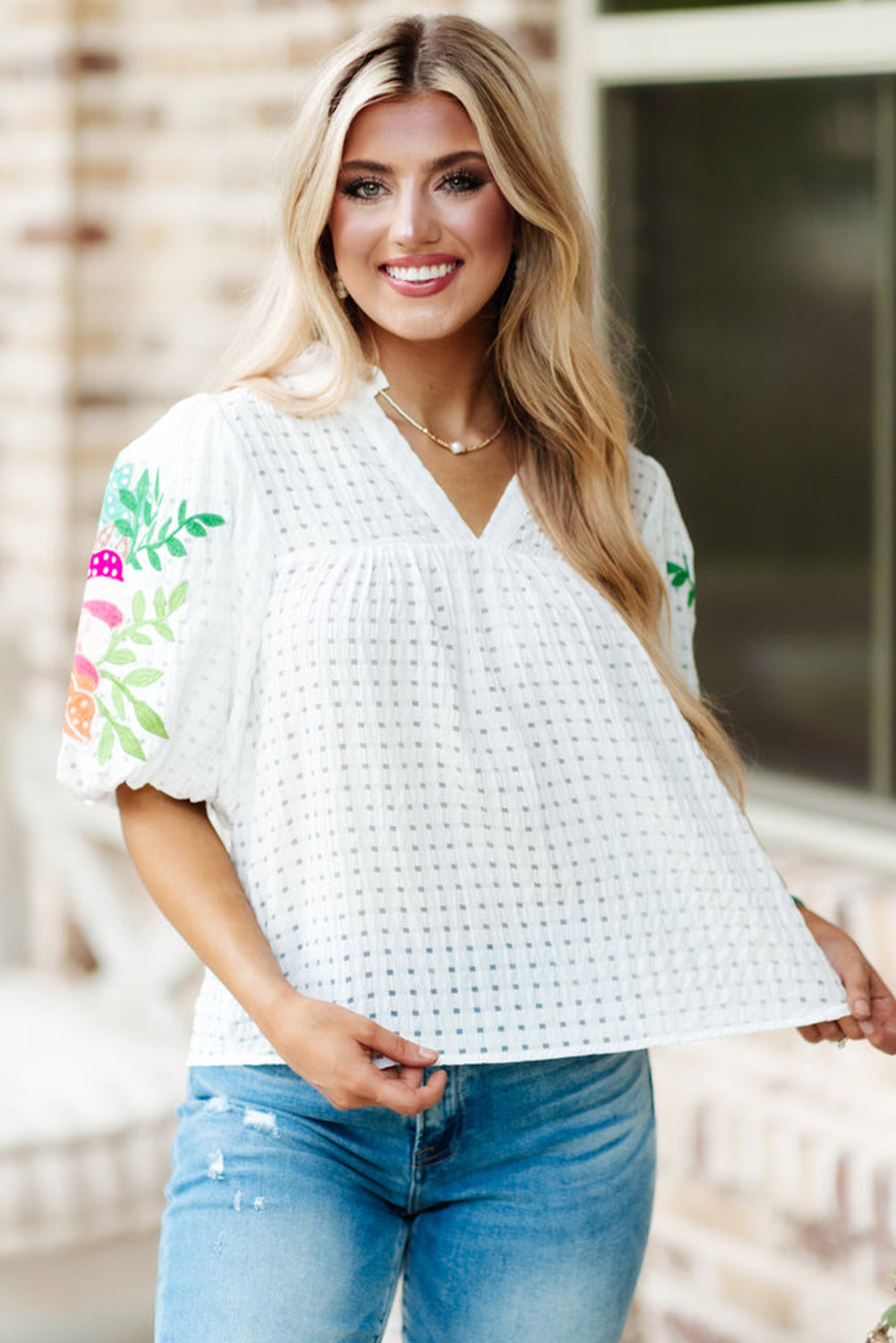 White Floral Embroidered Puff Sleeve Notched Neck Blouse - LA Grand