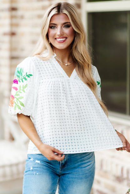 White Floral Embroidered Puff Sleeve Notched Neck Blouse - LA Grand