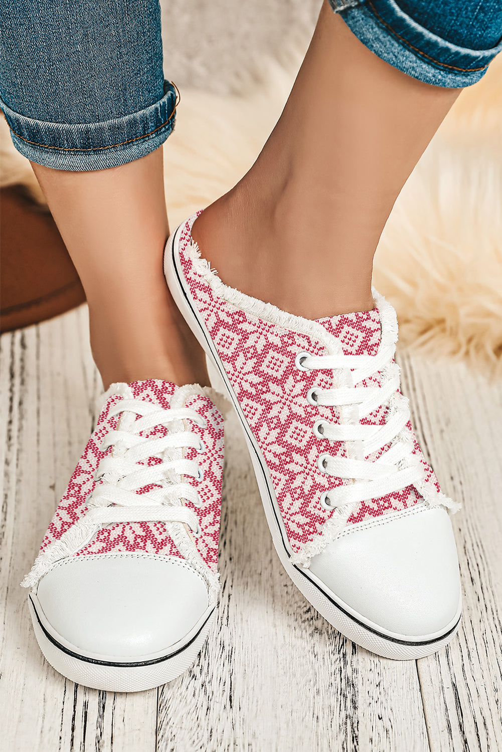 Strawberry Pink Snowflake Printed Frayed Lace-up Slip-on Shoes - LA Grand