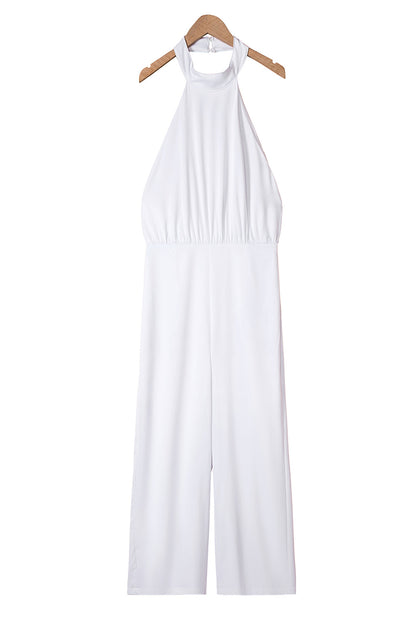 White Button Halterneck Elegant Wide Leg Jumpsuit - LA Grand