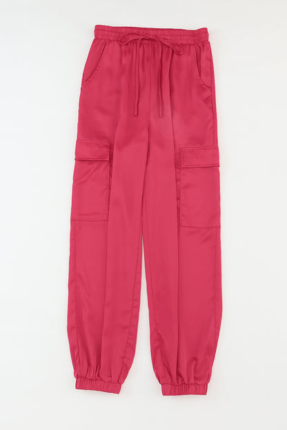 Rose Satin Pocketed Drawstring Elastic Waist Pants - LA Grand