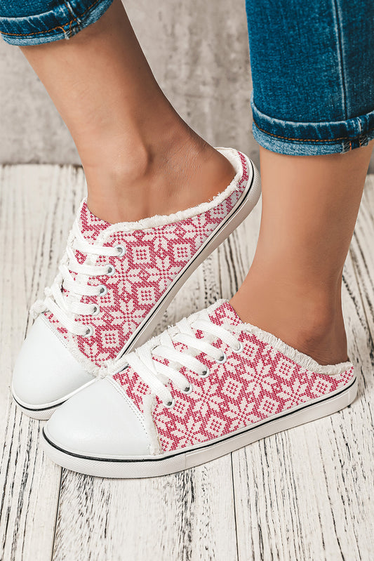 Strawberry Pink Snowflake Printed Frayed Lace-up Slip-on Shoes - LA Grand