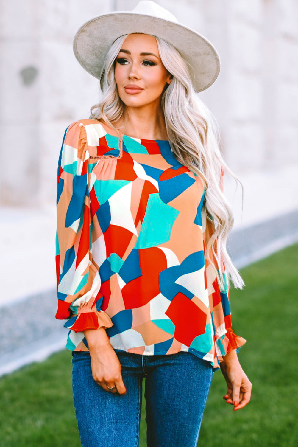 Abstract Pattern Crewneck Ruffled Puff Sleeve Blouse - LA Grand