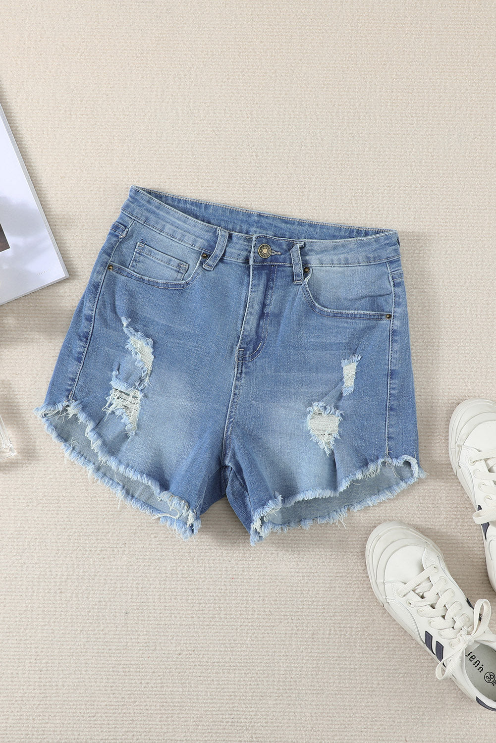 Light Blue Frayed Hem Denim Shorts - LA Grand