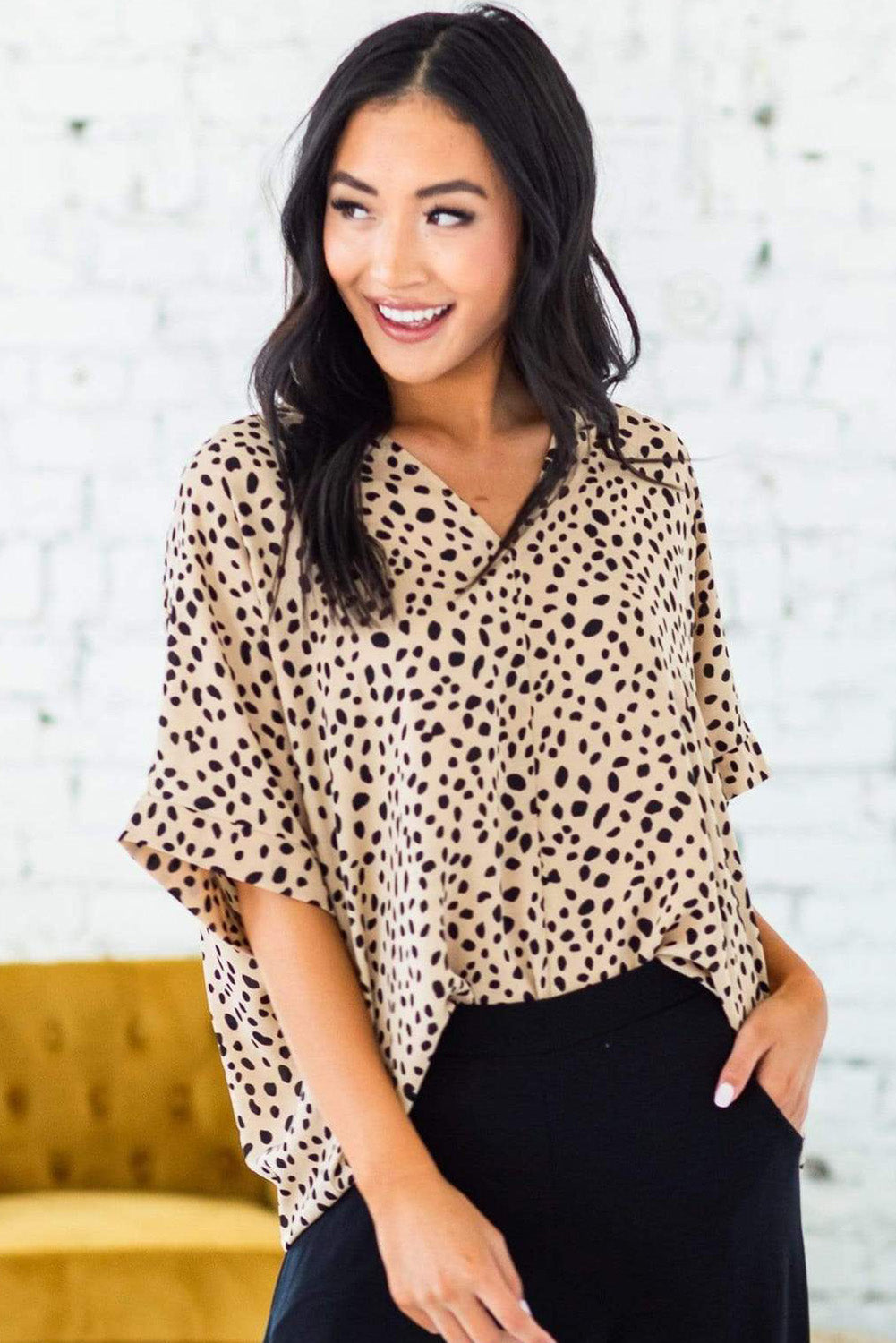 Apricot Animal Print V-neck Rolled Sleeve Tunic Top - LA Grand