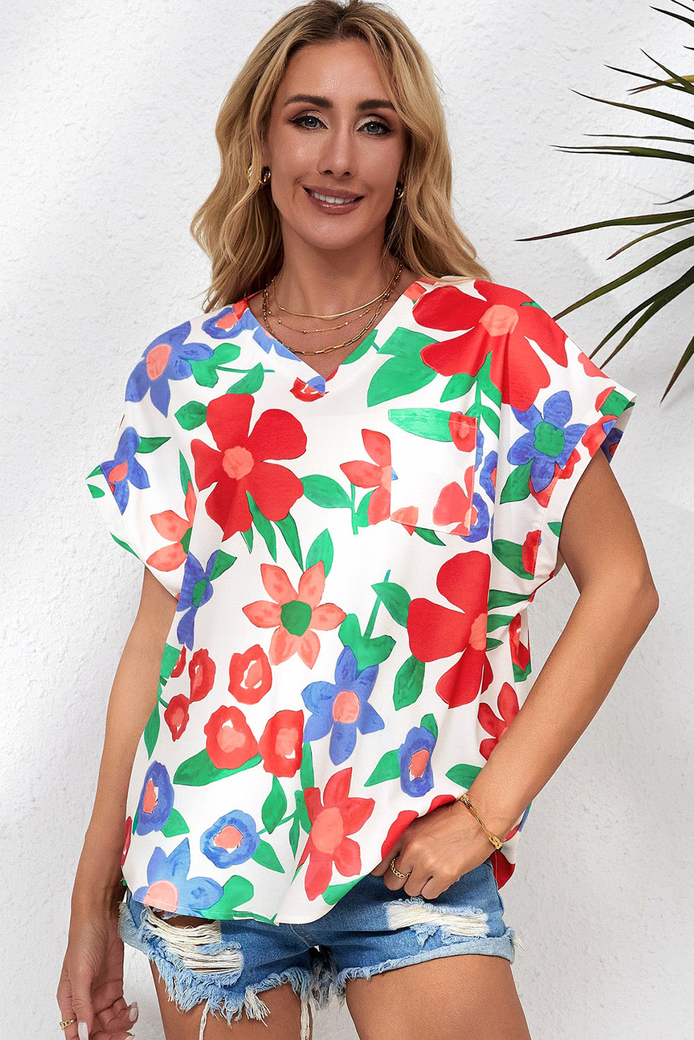 Flower Print Chest Pocket V Neck Blouse - LA Grand