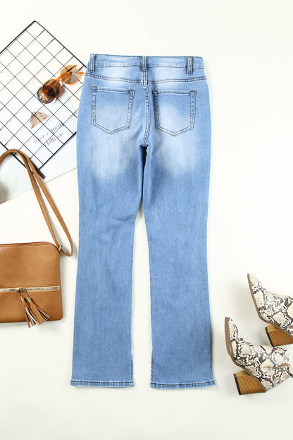 Sky Blue Side Splits Ripped Straight Leg High Waist Jeans - LA Grand