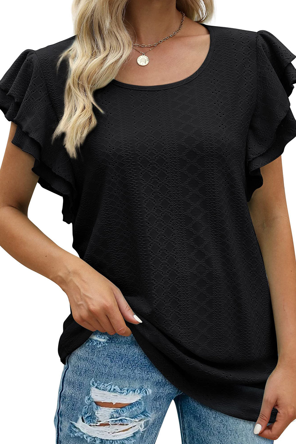 Black Rhombus Textured Ruffle Short Sleeve Blouse - LA Grand