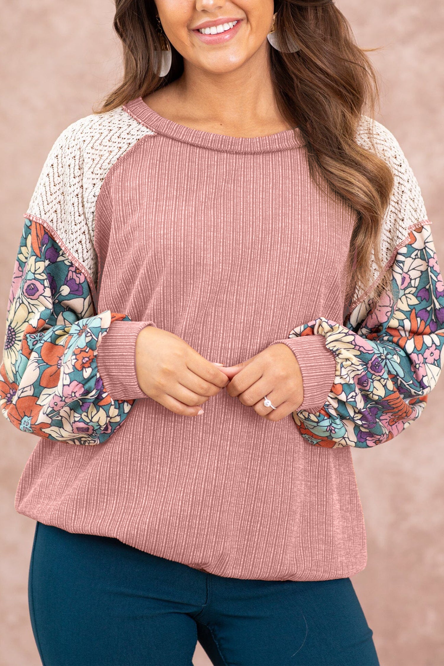 Rose Pink Floral Patchwork Puff Sleeve Textured Blouse - LA Grand