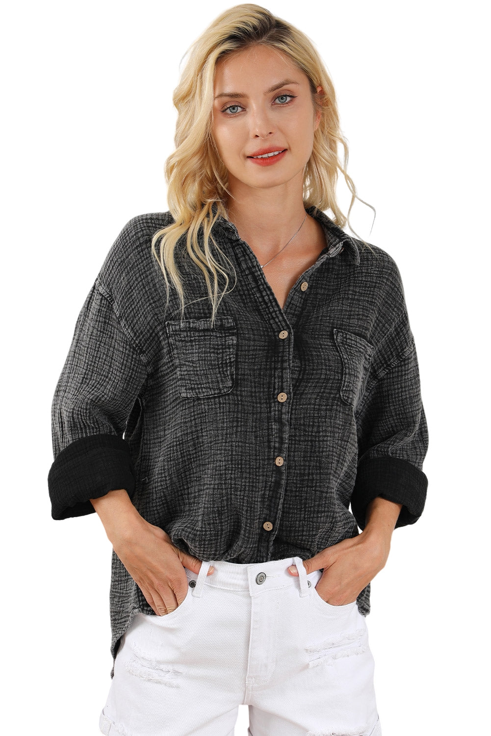 Sky Blue Mineral Wash Crinkle Textured Chest Pockets Shirt - LA Grand