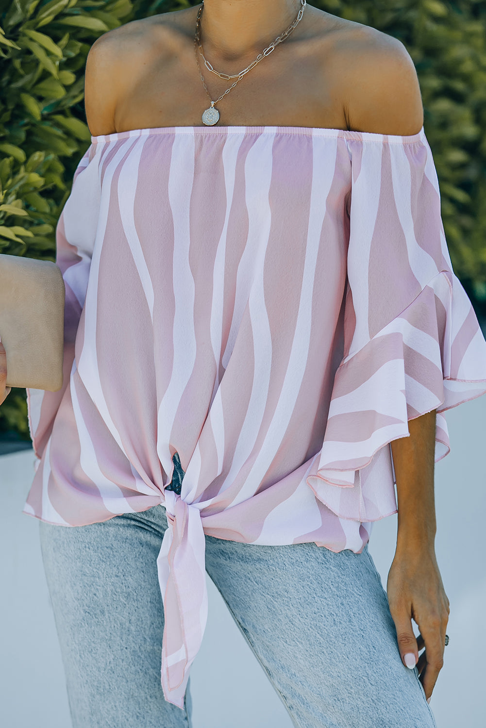 Off The Shoulder Vertical Stripes Blouse in Pink - LA Grand