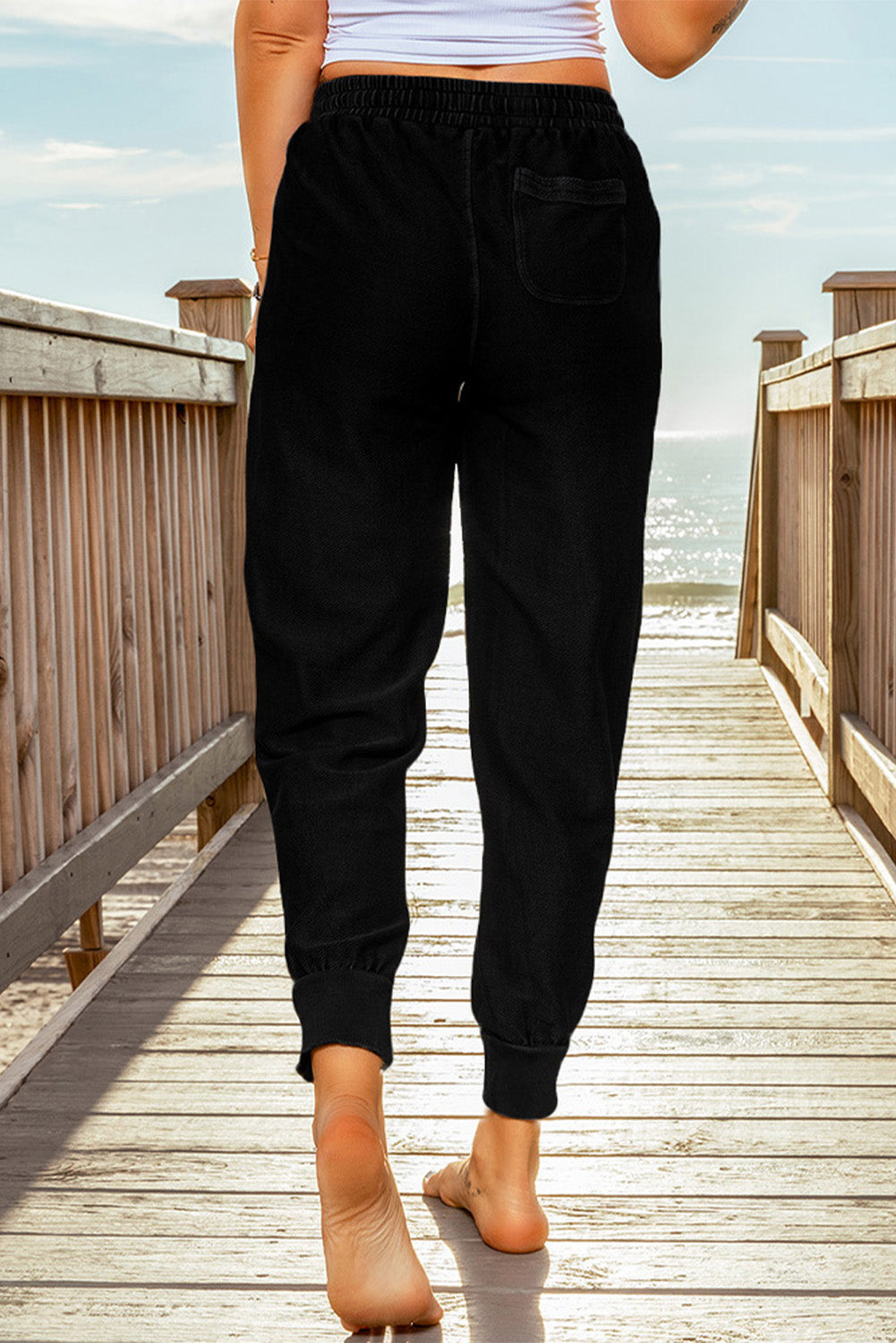 Black Elastic Waist Jogger Pants with Pockets - LA Grand