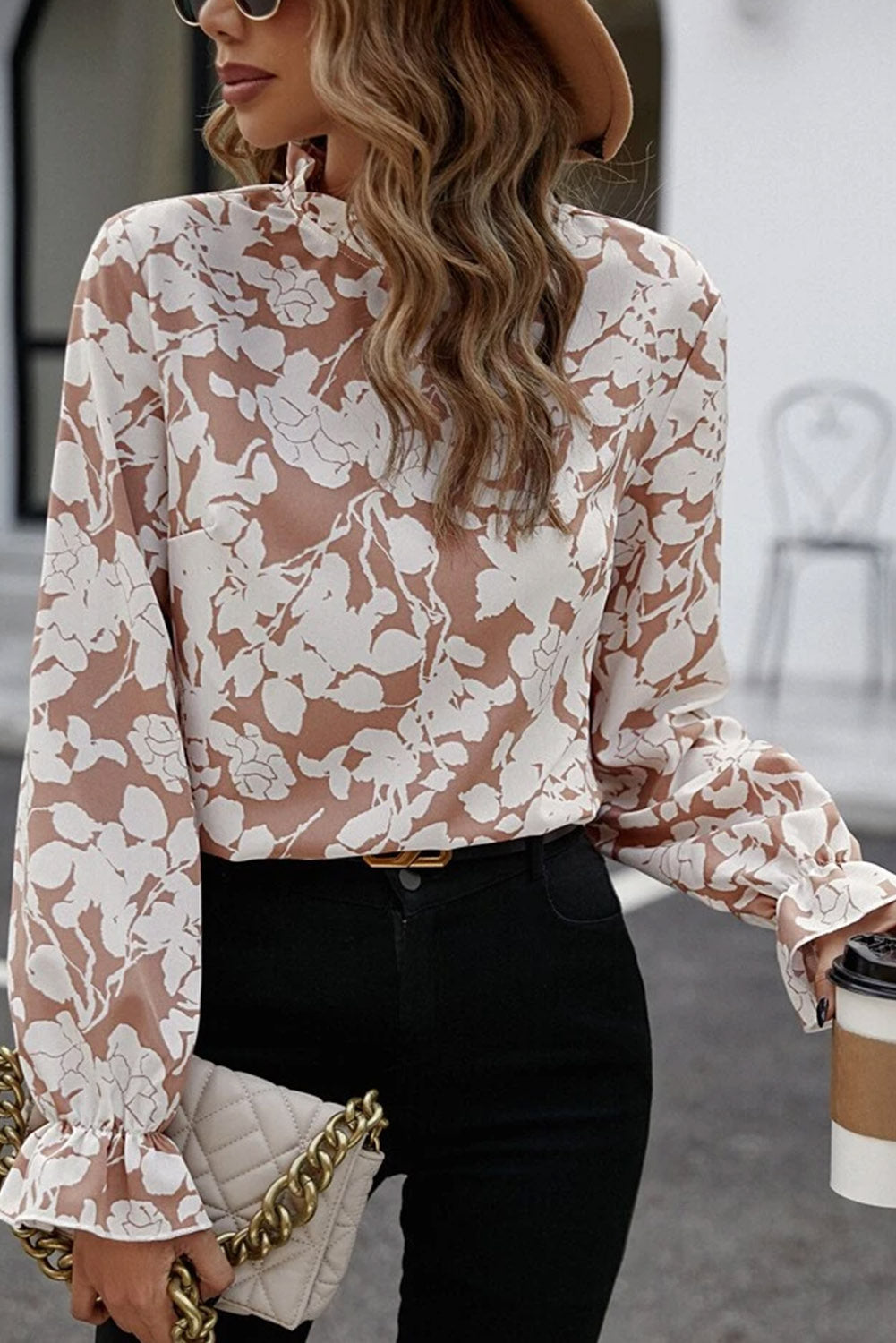 White Floral Print Frilled Neckline Flounce Sleeve Blouse - LA Grand