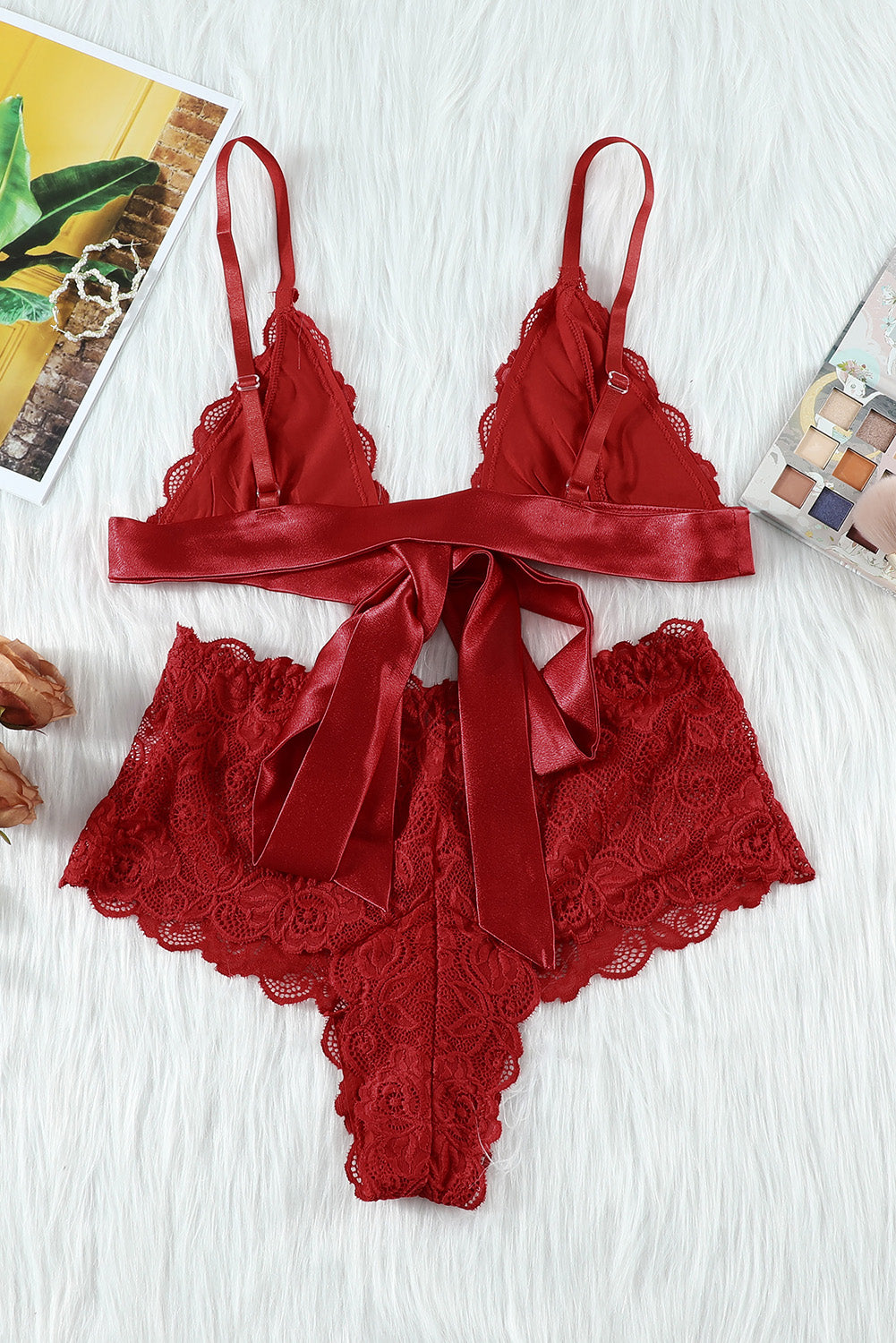 Romantic Love Fiery Red Lace Bralette Lingerie Set - LA Grand