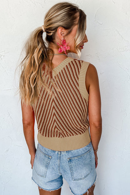 Light French Beige Contrast Chevron Knit V Neck Sweater Vest - LA Grand