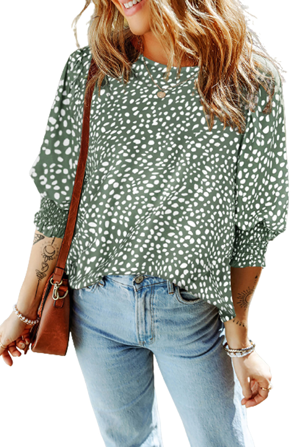 Green Leopard Print Shirred Cuff 3/4 Sleeve Blouse - LA Grand